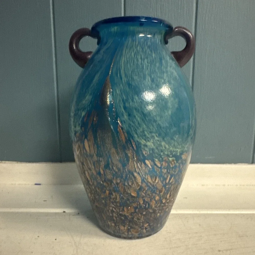 Pier 1 Imports ‎ Art Glass Milano Amphora Teal Blue Gold 8